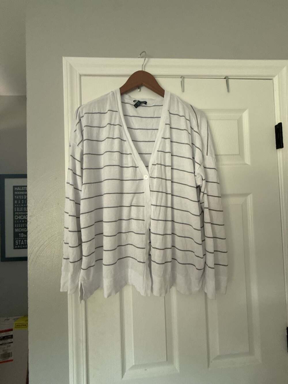 Eileen Fisher White and Graphite Striped Tencel Blend Boxy Cardigan